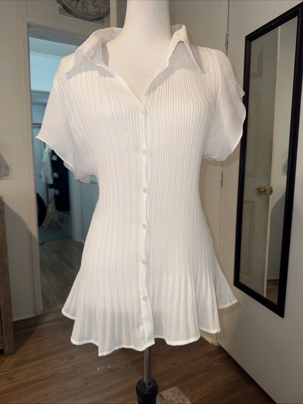 White Pleated Button-Front Women’s Top